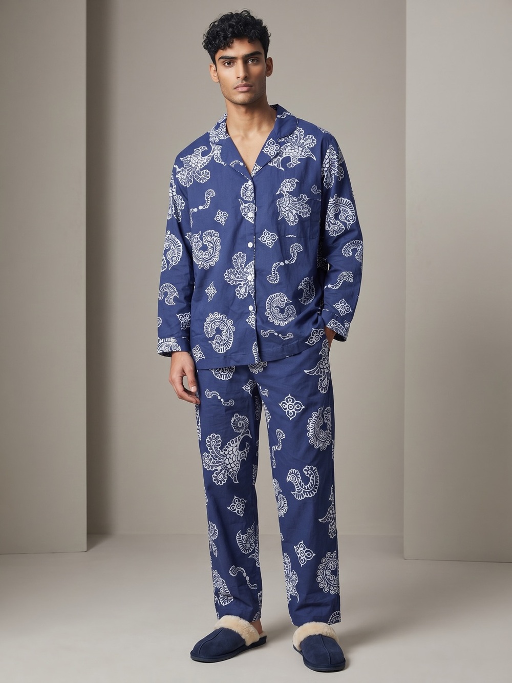 John Robshaw Men's Luxury Pajama Set Blue White Hand Block Print Cotton Lounge